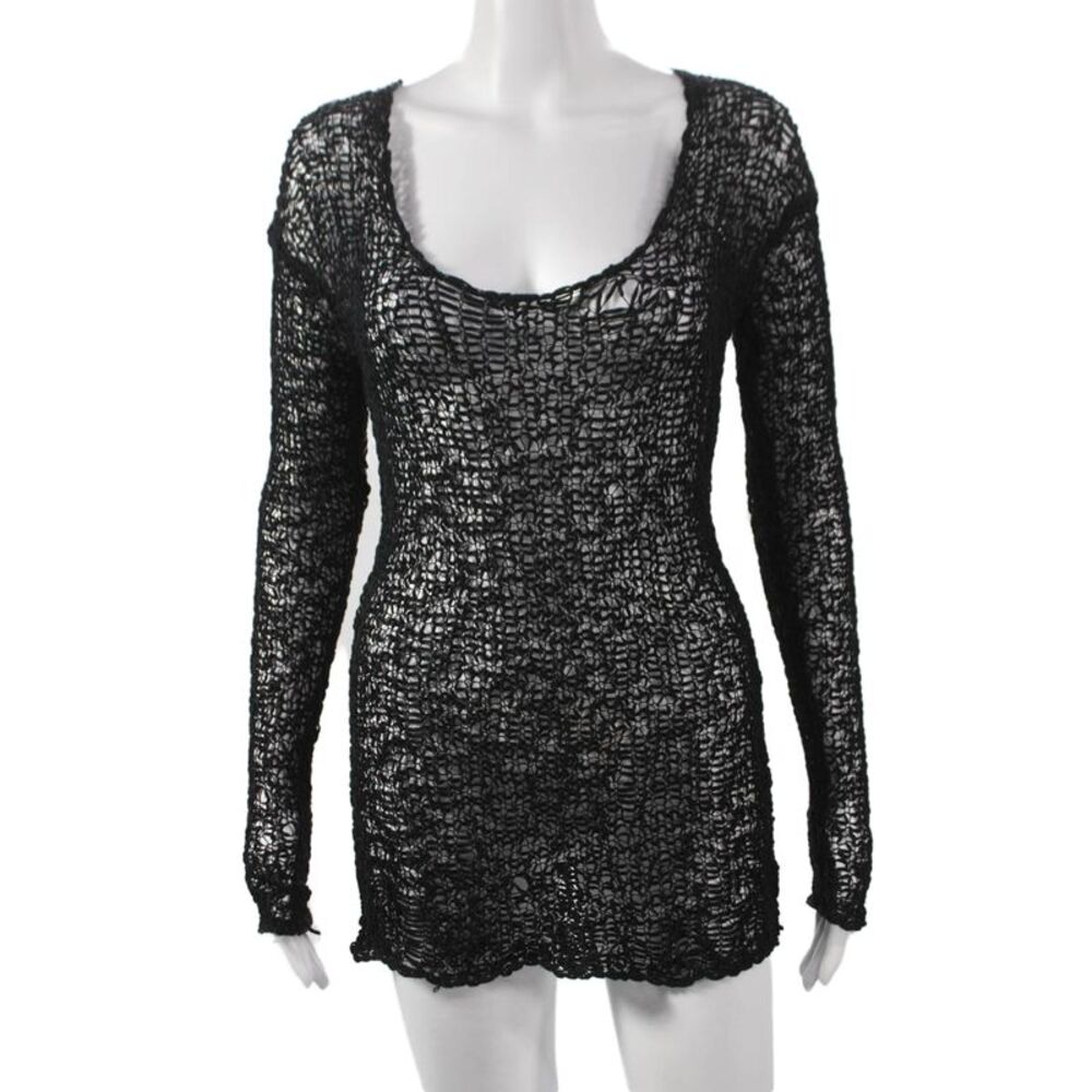 Remain Women Tunic Blouse Long Sleeve Scoop Neck Black Cotton Blend Size M